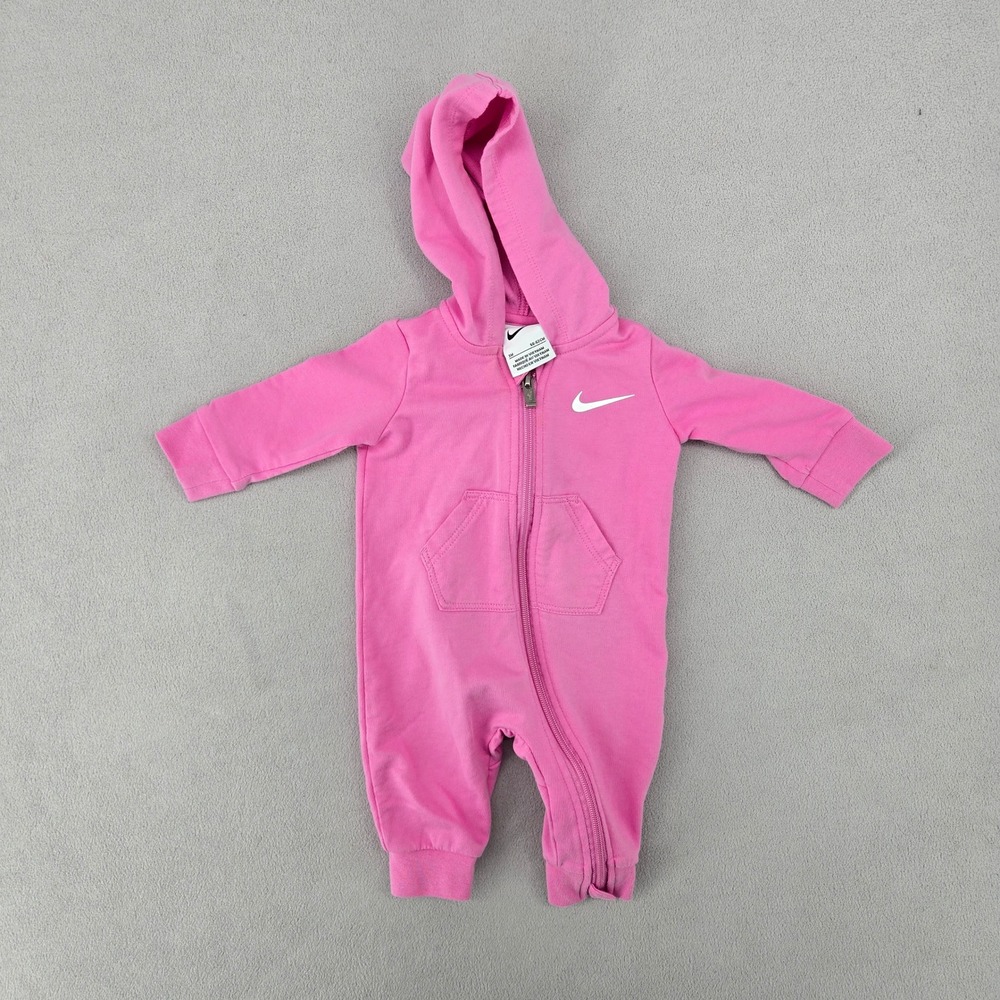 Nike Kids 3M Pink Hooded Romper One Piece Full Zip Sporty Fleece Logo 4792